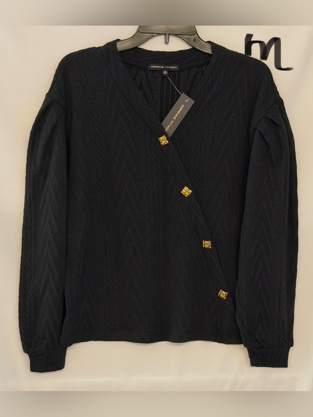 Adrienne Vittadini Black Knit top with Gold Accent Buttons